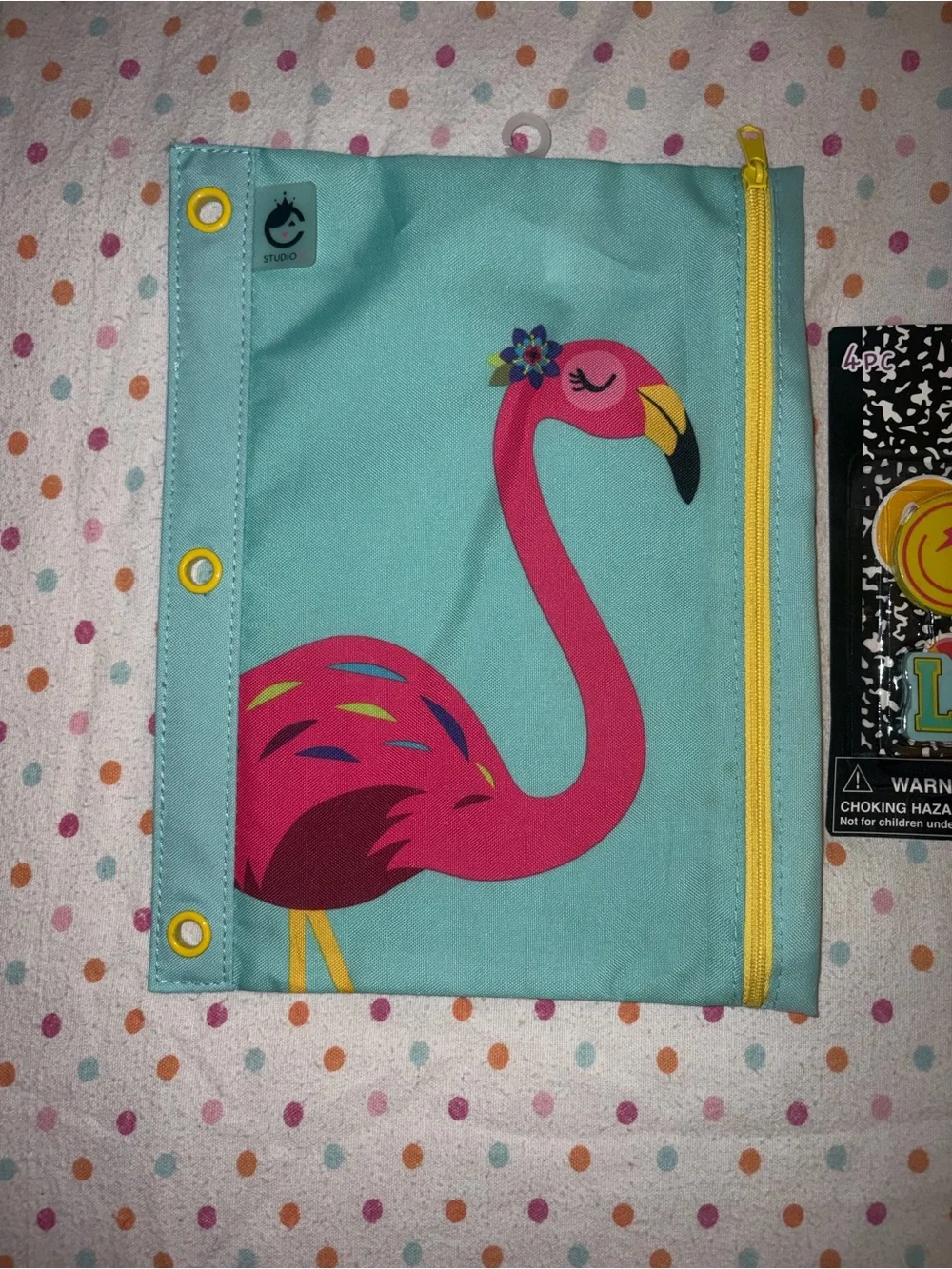 NWT Studio C Flamingo Zipper Binder Pencil Pouch + New 4 Pc Emoji Eraser Set